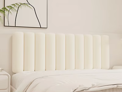 Modern Design Double Bed with Beige Vertical Panel Upholstered Headboard Abstract Painting Green Plant Decor 3d model
