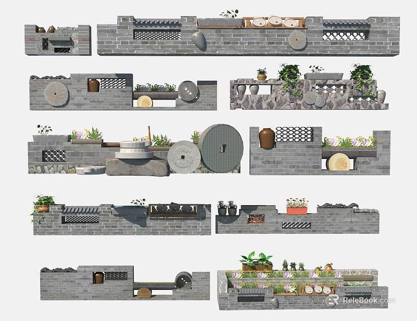 Modern Stone Garden Wall Design With Plants Circular Elements And Lattice 3d model