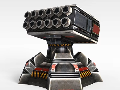 Futuristic Mechanical Tower with Hexagonal Top Components and Industrial Base Featuring Red Yellow Stripes 3d model