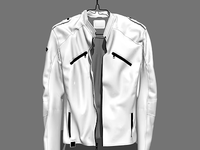 Stylish White Leather Jacket With Front Zipper And Side Pockets Design 3d model