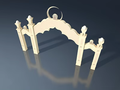 Off White Swing Door With Crescent Moon Mosque Dome Decoration And Arched Carved Details 3d model