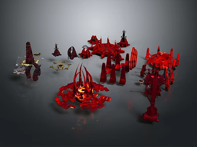 Futuristic Red Sci Fi Building Structures With Mechanical Design Elements 3d model