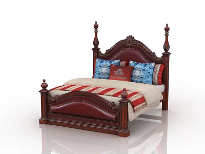 Carved Wooden Poster Double Bed With Colorful Patterned Pillows And Striped Blanket 3d model