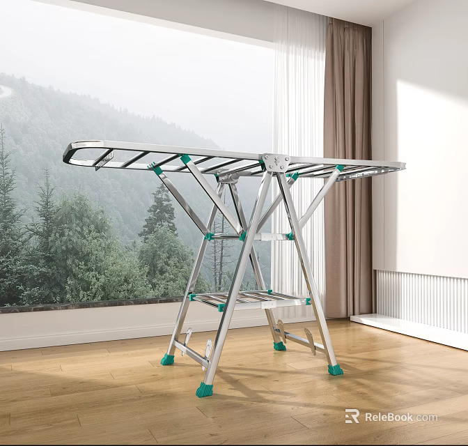 Sturdy Silver Foldable Clothes Drying Rack With Green Accents For Indoor Home Use 3d model 