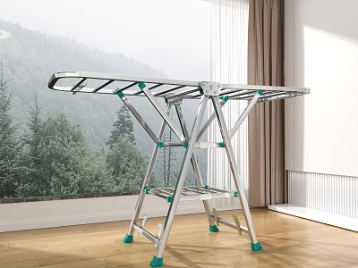 Sturdy Silver Foldable Clothes Drying Rack With Green Accents For Indoor Home Use 3d model