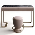 Modern Dressing Table with Black Marble Top Gold Metal Frame and Beige Padded Stool