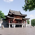 Ancient Chinese Architecture with Upturned Eaves and Wooden Roof in Tree Square