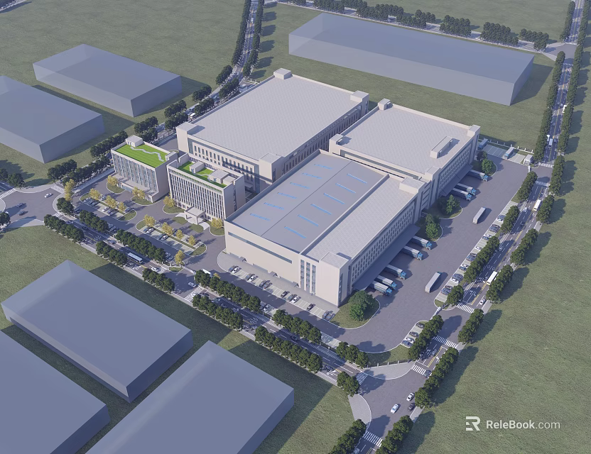 Industrial Factory Buildings With Parking Area Green Trees And Roads 3d model 