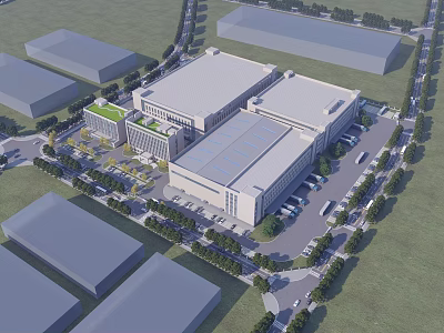 Industrial Factory Buildings With Parking Area Green Trees And Roads 3d model