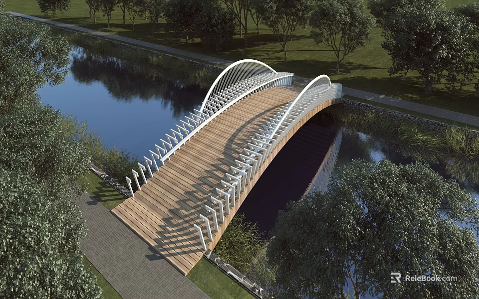 Arched Landscape Bridge With Wooden Deck White Railings Over River And Green Trees 3d model 