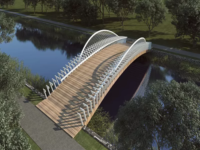 Arched Landscape Bridge With Wooden Deck White Railings Over River And Green Trees 3d model