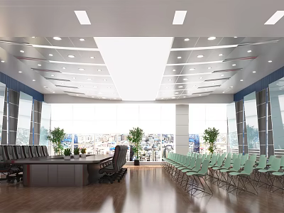 Modern Conference Room With Large Windows City View Long Table And Green Folding Chairs 3d model