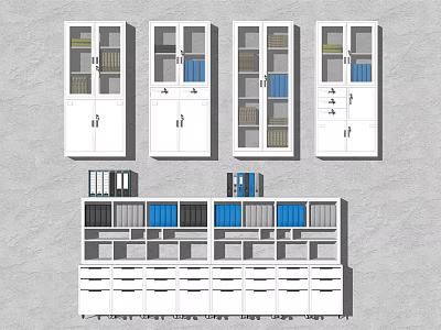 Modern Multiple Bookcases With Glass Doors Bottom Drawers And Colored Storage Boxes 3d model