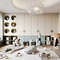 Playful Kids Room Interior With Stuffed Toys Circular Storage Cabinets Mushroom House And Play Carpet
