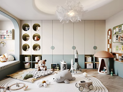 Playful Kids Room Interior With Stuffed Toys Circular Storage Cabinets Mushroom House And Play Carpet 3d model