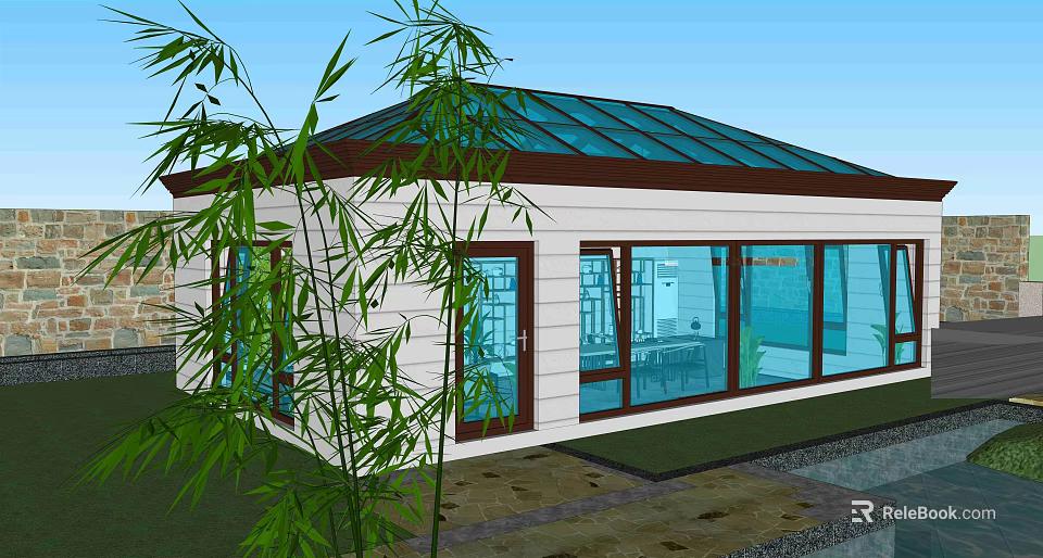 Modern Sunroom With Glass Roof White Walls Large Glass Windows And Bamboo Plants 3d model 