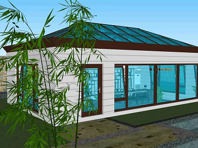 Modern Sunroom With Glass Roof White Walls Large Glass Windows And Bamboo Plants 3d model