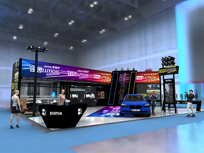 Lutronic Exhibition Booth With Blue Car Display And Interactive Stands In Modern Event 3d model