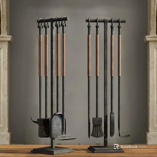 Sturdy Fireplace Tools Set With Hanging Rack And Wooden Metal Handles 3d model 