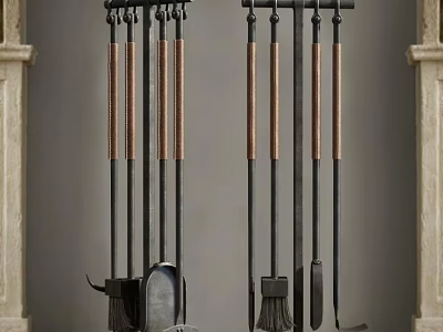 Sturdy Fireplace Tools Set With Hanging Rack And Wooden Metal Handles 3d model