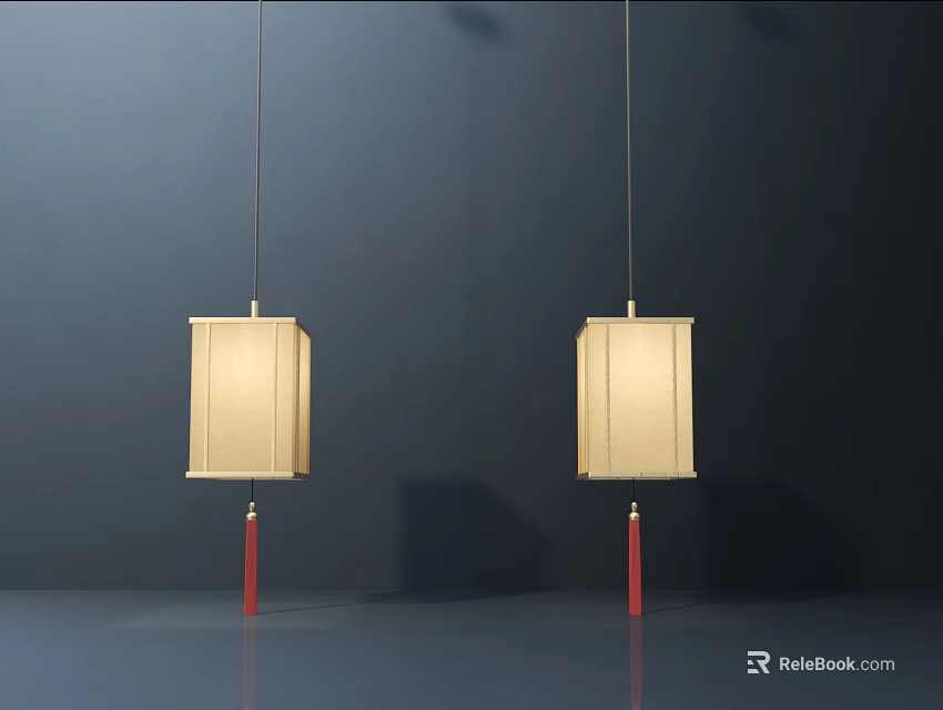 Pair of Chinese Style Square Shade Chandeliers With Red Tassels On Dark Background 3d model 
