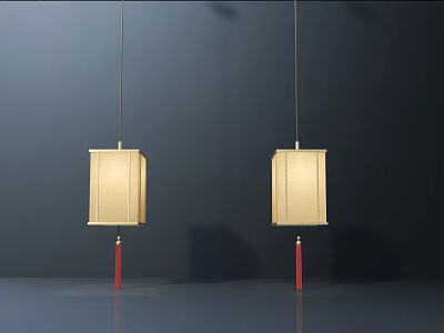 Pair of Chinese Style Square Shade Chandeliers With Red Tassels On Dark Background 3d model