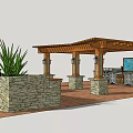 Wooden Pergola with Stone Pillars Hanging Lanterns Outdoor Kitchen Grill and Cabinets on Paved Patio