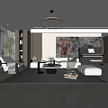 Modern Living And Dining Room Interior With Sofa Dining Table Chairs Pendant Lights And Artwork