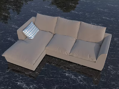Light Gray L shaped Sectional Sofa With Blue White Checkered Pillow On Dark Marble Floor 3d model