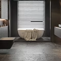 Modern Bathroom Interior with Recessed Lighting Bathtub Towel Draped Double Vanity And Blinds