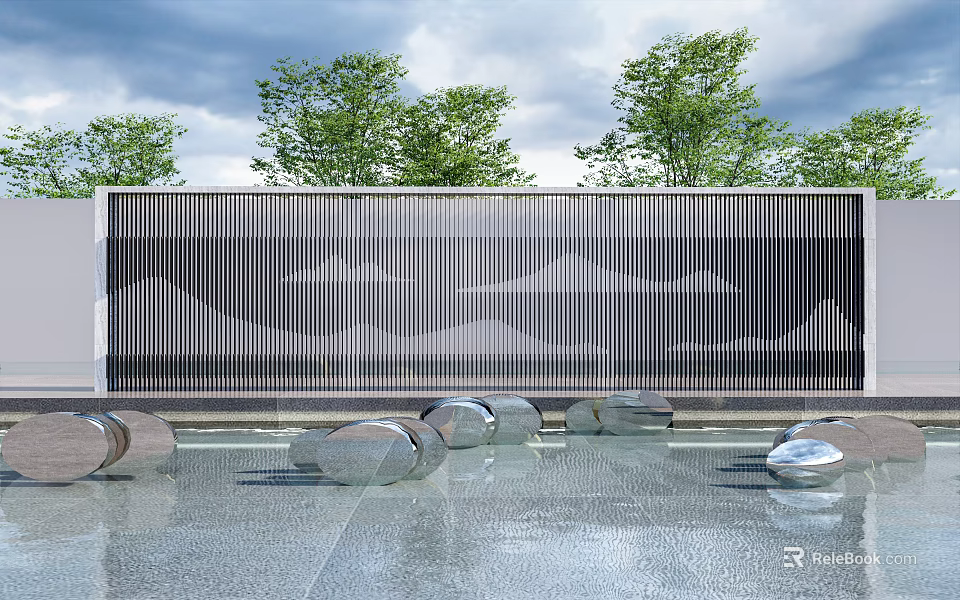 Modern Landscape Feature Wall With Vertical Slat Design Water Pool Round Stones And Green Trees 3d model 