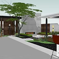 Modern Courtyard Garden With Concrete Structure Wooden Screen Stone Pathway And Fire Pit