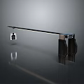 Modern Sleek Metal Bar Structure With Hanging Square Element Black Supports And Reflective Background