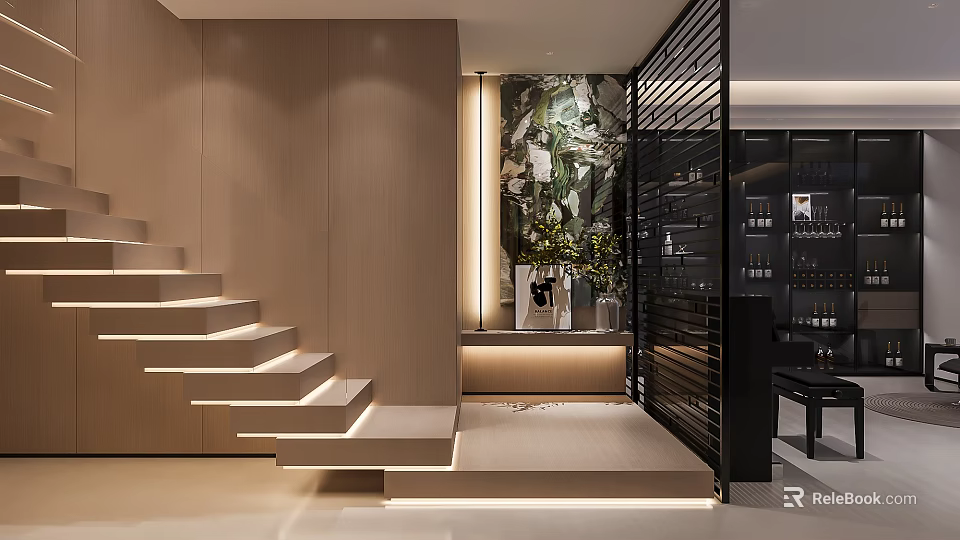 Modern Foyer Hallway Interior With Illuminated Staircase Wooden Panels And Art Decor 3d model 