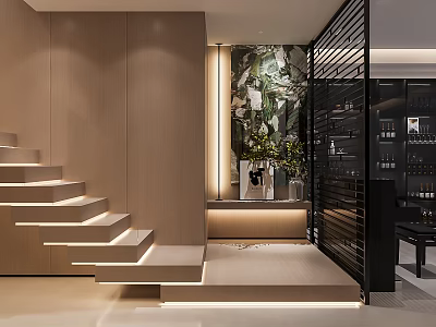 Modern Foyer Hallway Interior With Illuminated Staircase Wooden Panels And Art Decor 3d model