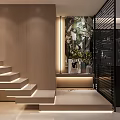 Modern Foyer Hallway Interior With Illuminated Staircase Wooden Panels And Art Decor
