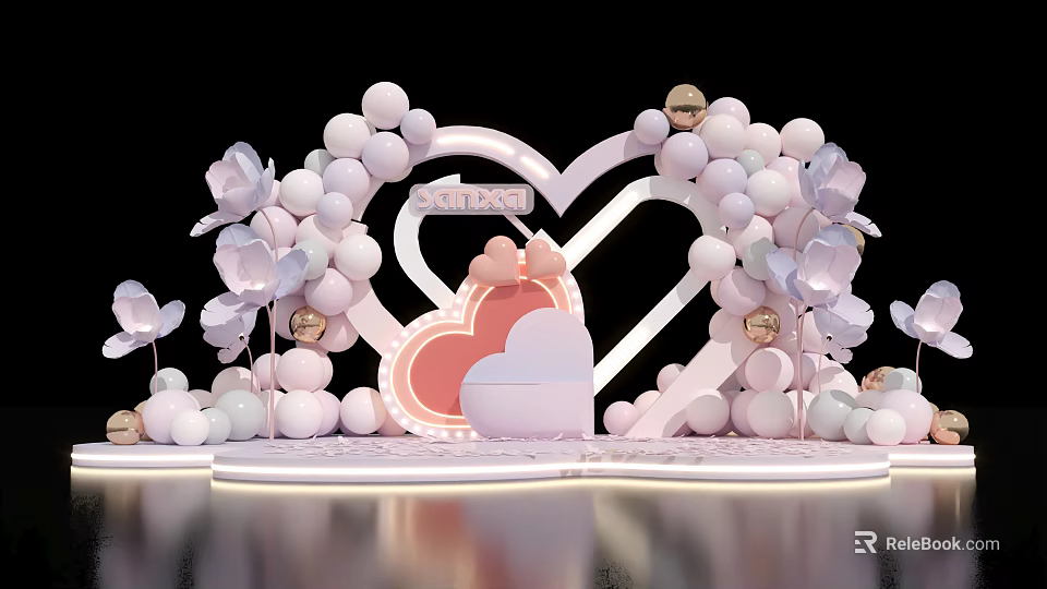 Commercial Event Equipment With Balloon Arch Heart Shaped Decor Pink White Flower Decorations 3d model 