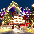 Magical Christmas Stage Featuring Neon Geometric Design Christmas Trees Snowman Lanterns And Lights