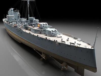 Historical Warship 3D Model With Detailed Deck Main Turrets And Superstructure 3d model