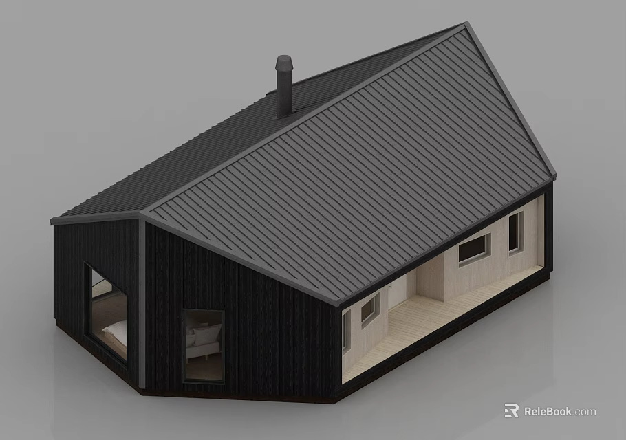 Modern Detached House with Black Roof Chimney and White Window Exterior Design 3d model 