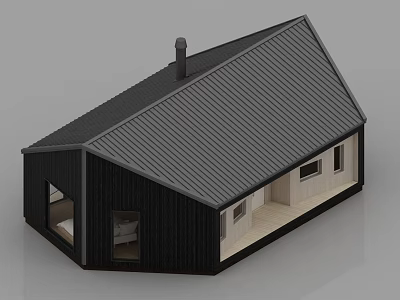 Modern Detached House with Black Roof Chimney and White Window Exterior Design 3d model