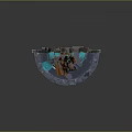Fantasy Circular Stone Platform With Archway Golden Eye Symbol Arrows Water And Blue Glowing Particles