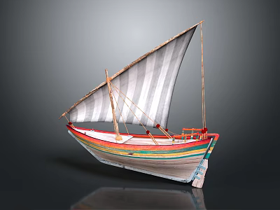 Vintage Sailing Boat with Striped Sail Colorful Hull Wooden Mast and Ropes 3d model