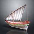 Vintage Sailing Boat with Striped Sail Colorful Hull Wooden Mast and Ropes