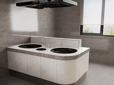 Contemporary Kitchen Interior With White Countertop Double Sinks Gray Tiled Walls And Cabinets 3d model