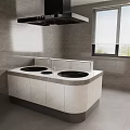 Contemporary Kitchen Interior With White Countertop Double Sinks Gray Tiled Walls And Cabinets