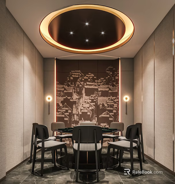 Private Dining Room With Modern Design Round Ceiling Light And Decorative Wall Art 3d model