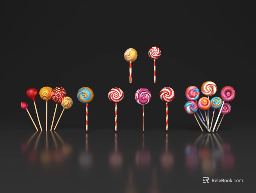 Colorful Swirl Lollipops With Various Colors Arranged On Black Background With Reflection 3d model 