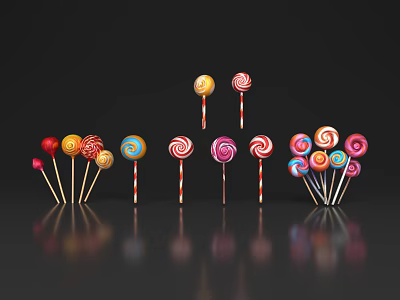 Colorful Swirl Lollipops With Various Colors Arranged On Black Background With Reflection 3d model