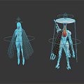 Fantasy Characters And Mechanical Creatures With Cloaks Halos And Metallic Structures
